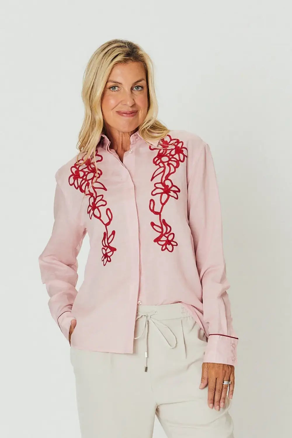 CHLOE SHIRT PINK & RED EMBROIDERY