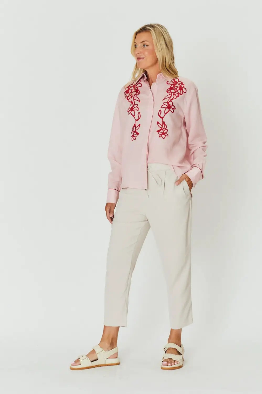 CHLOE SHIRT PINK & RED EMBROIDERY