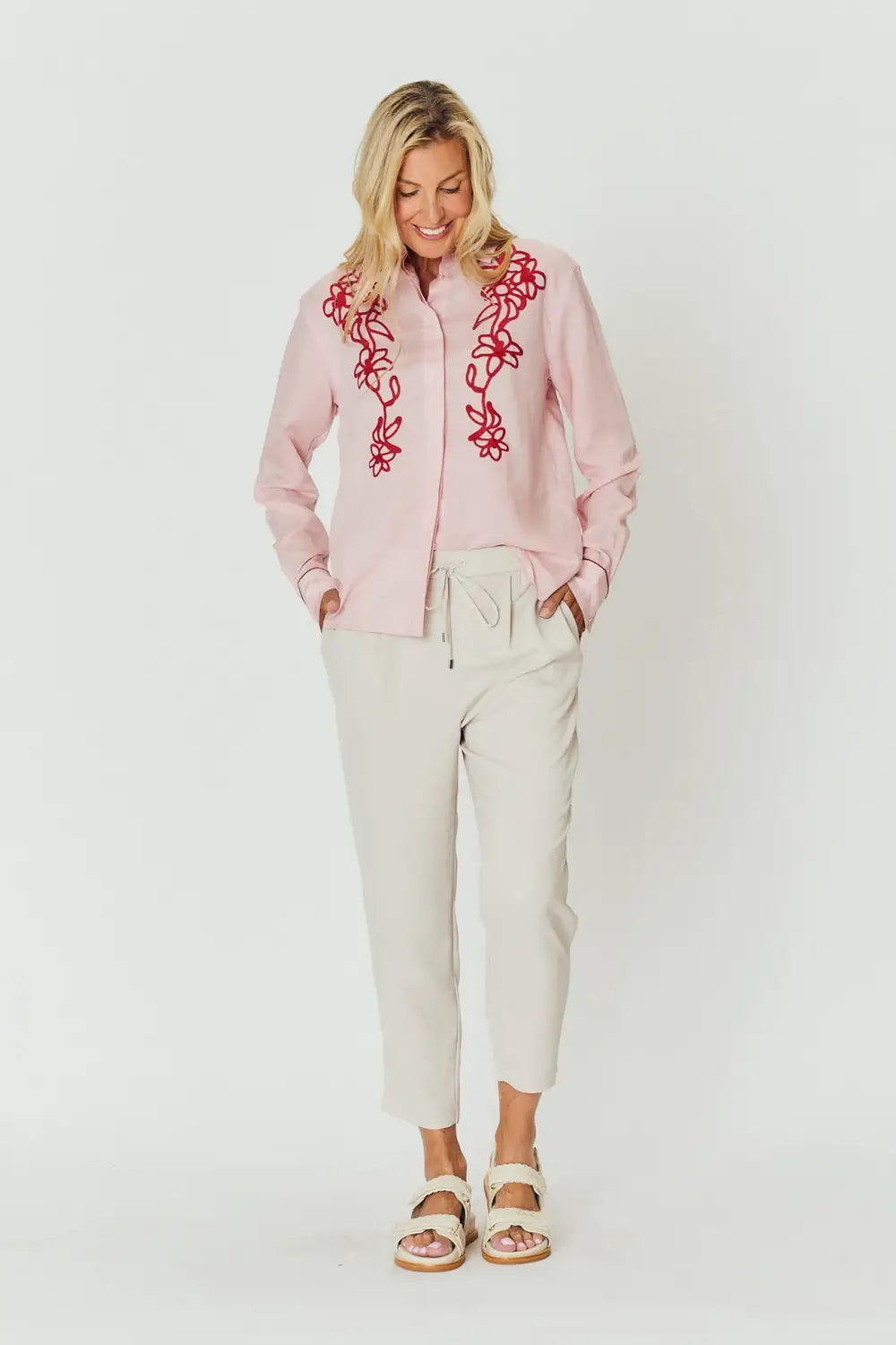 CHLOE SHIRT PINK & RED EMBROIDERY