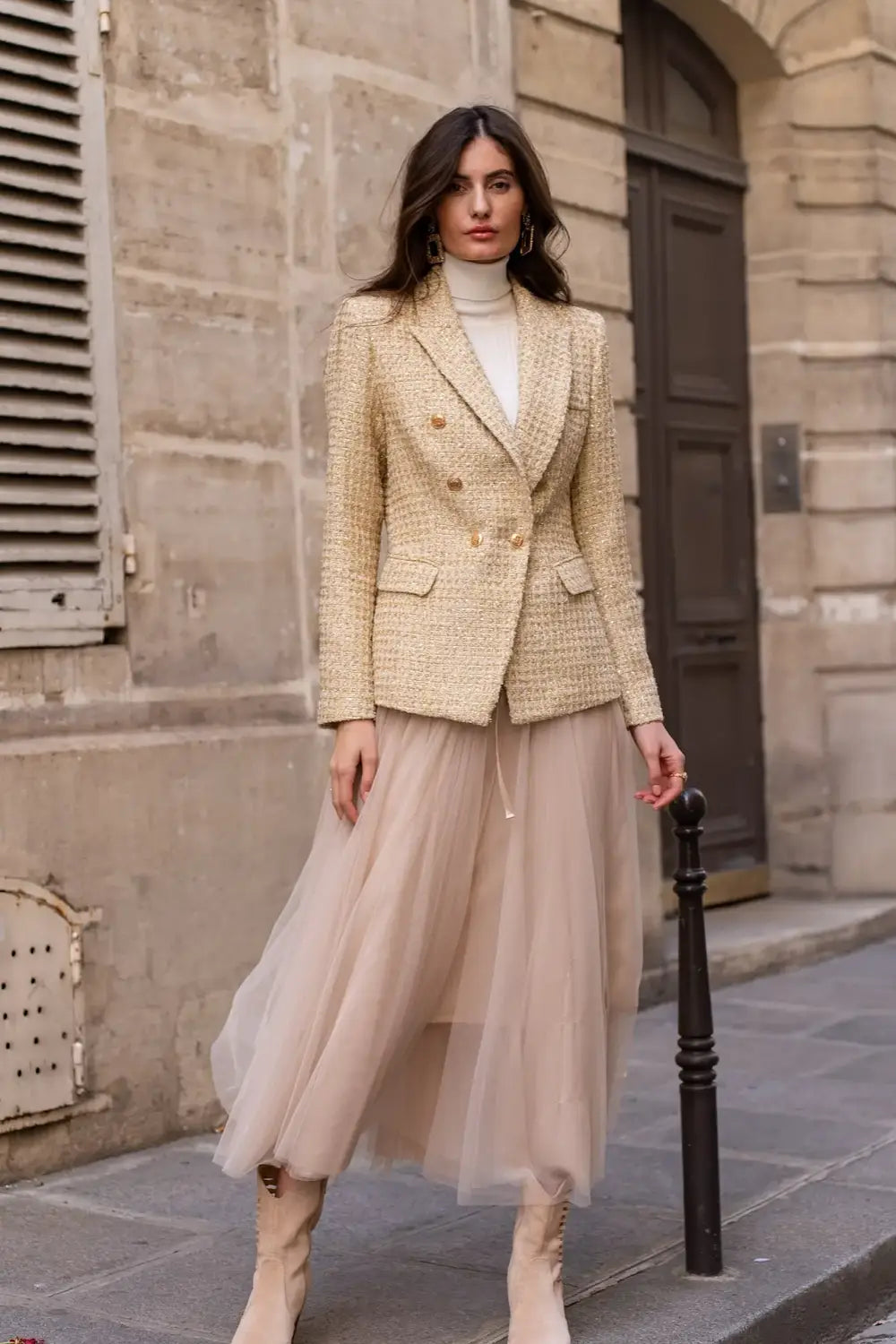 TWEED DOUBLE BREASTED BLAZER GOLD