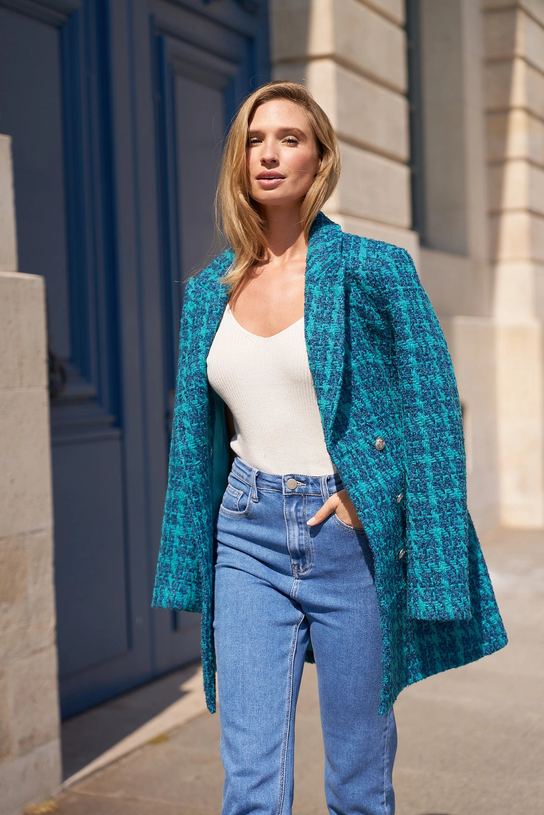 HOUNDSTOOTH TWEED LONGLINE BLAZER