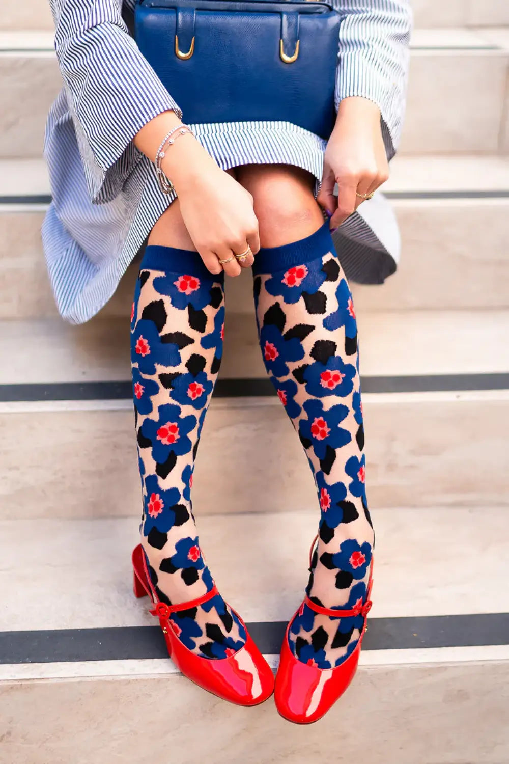 BOLD BLUE FLORAL KNEE HIGH SOCKS