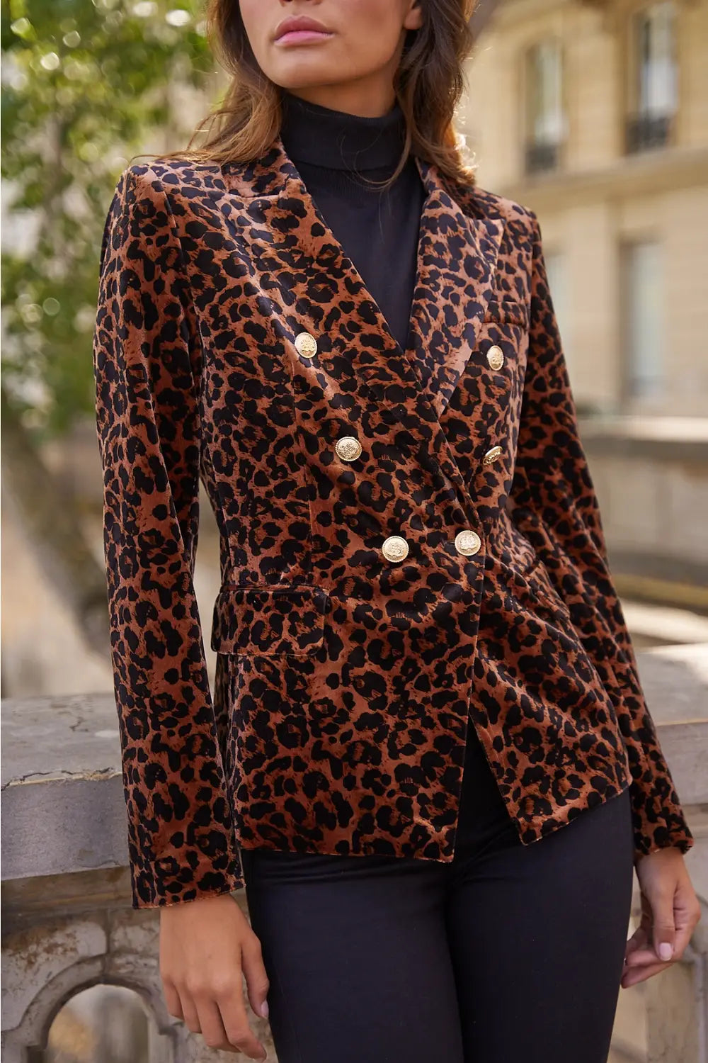VELVET DOUBLE BREASTED BLAZER LEOPARD
