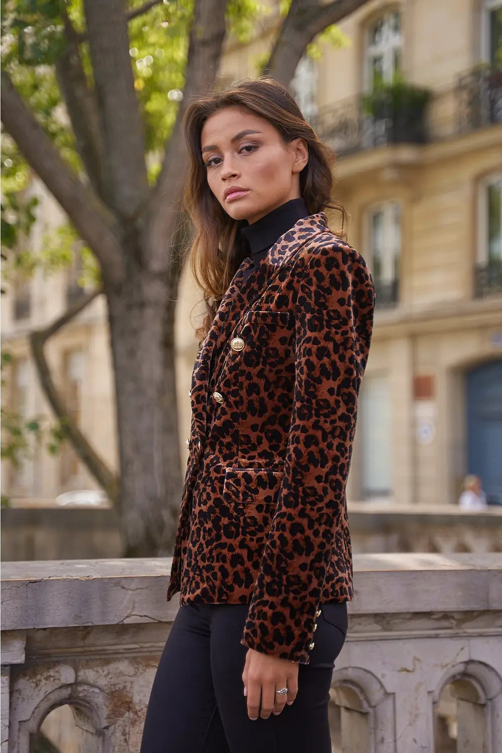 VELVET DOUBLE BREASTED BLAZER LEOPARD