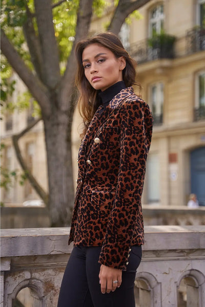 VELVET DOUBLE BREASTED BLAZER LEOPARD
