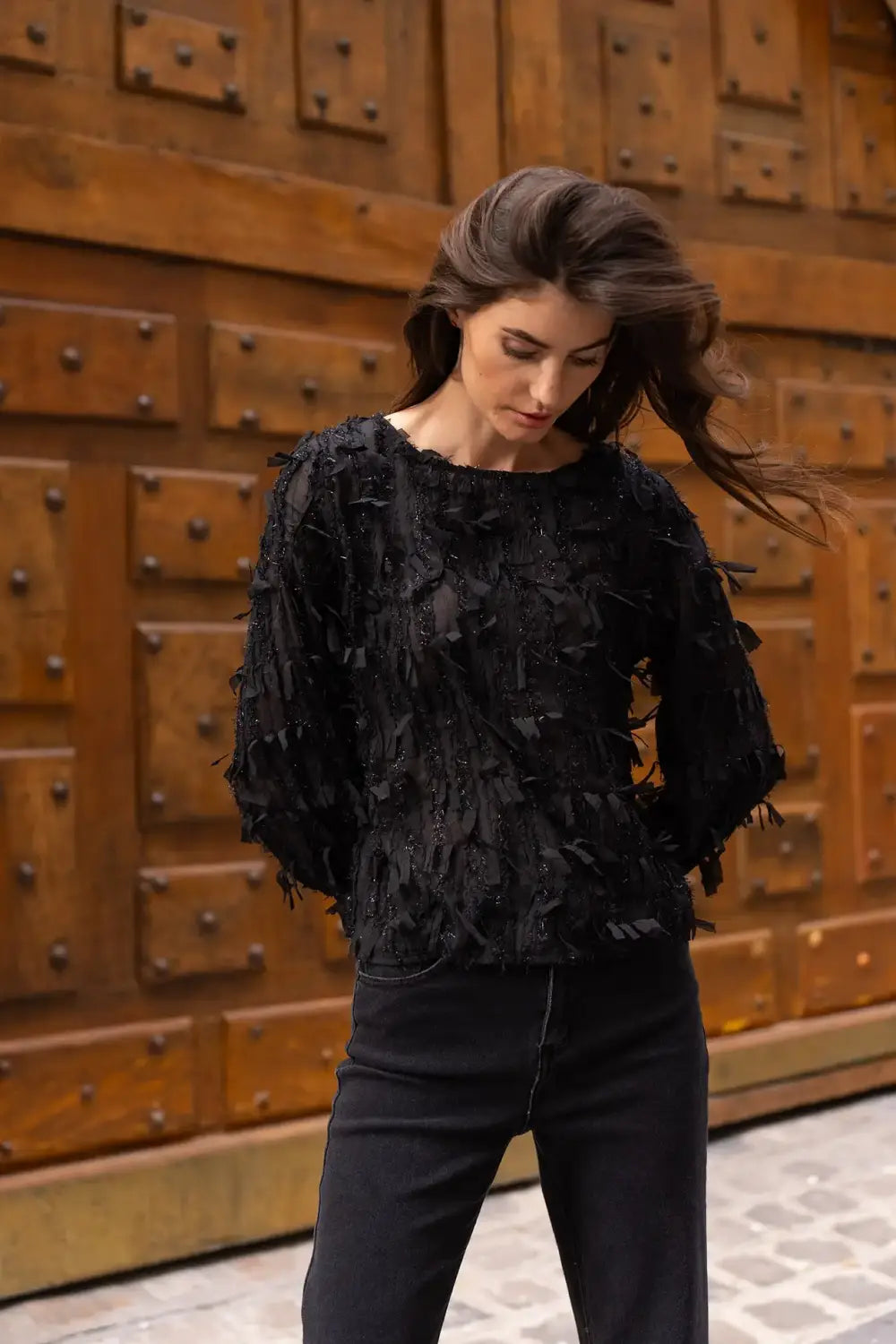 METALLIC FRINGE BLOUSE BLACK