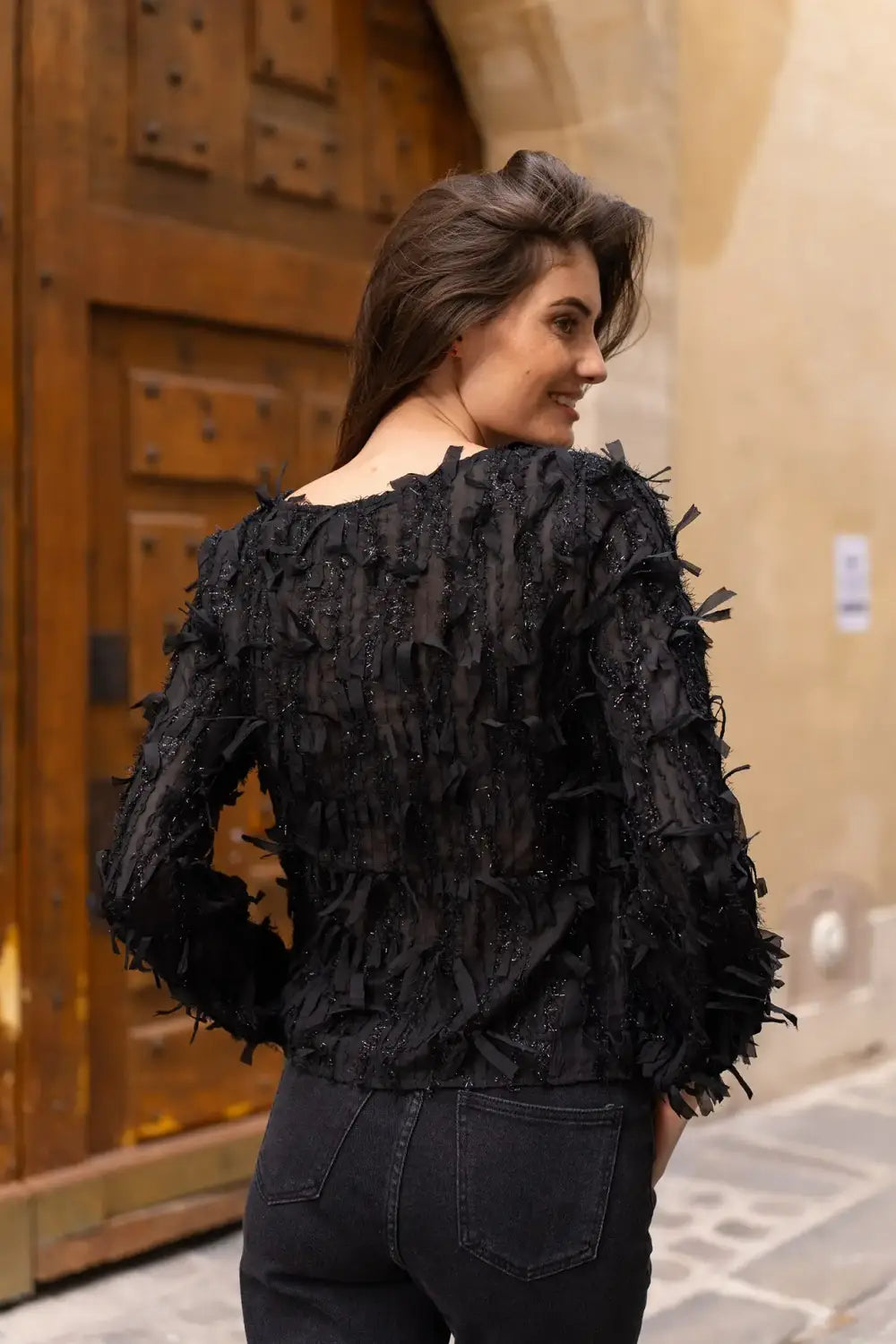 METALLIC FRINGE BLOUSE BLACK
