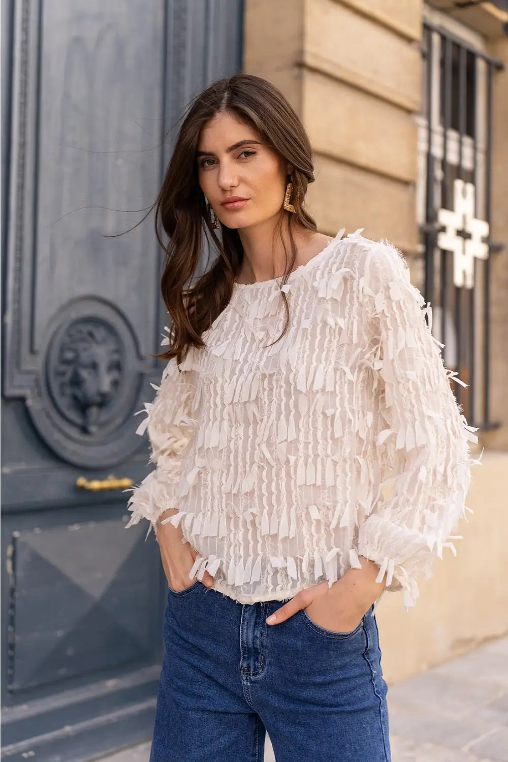 METALLIC FRINGE BLOUSE CREAM