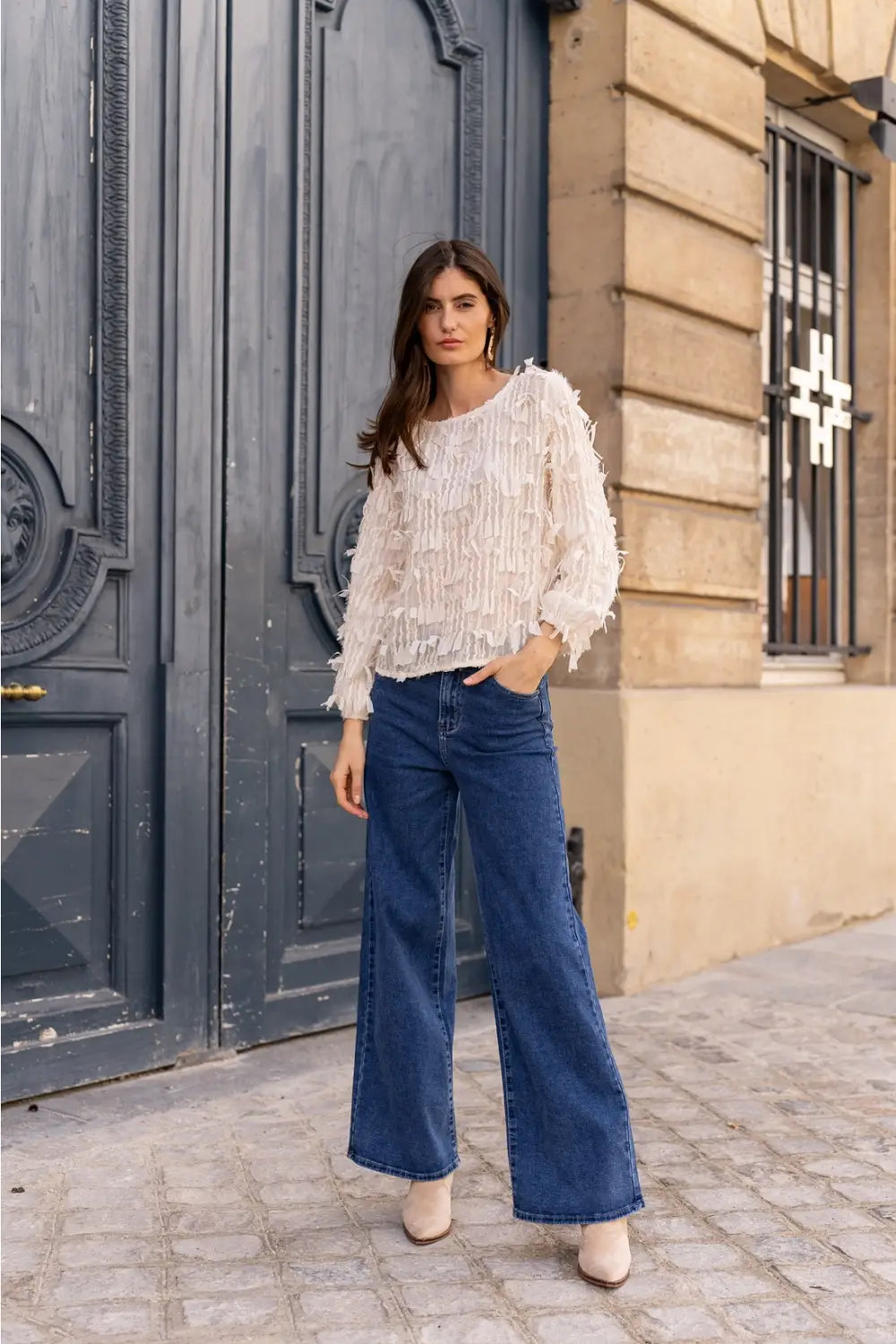 METALLIC FRINGE BLOUSE CREAM