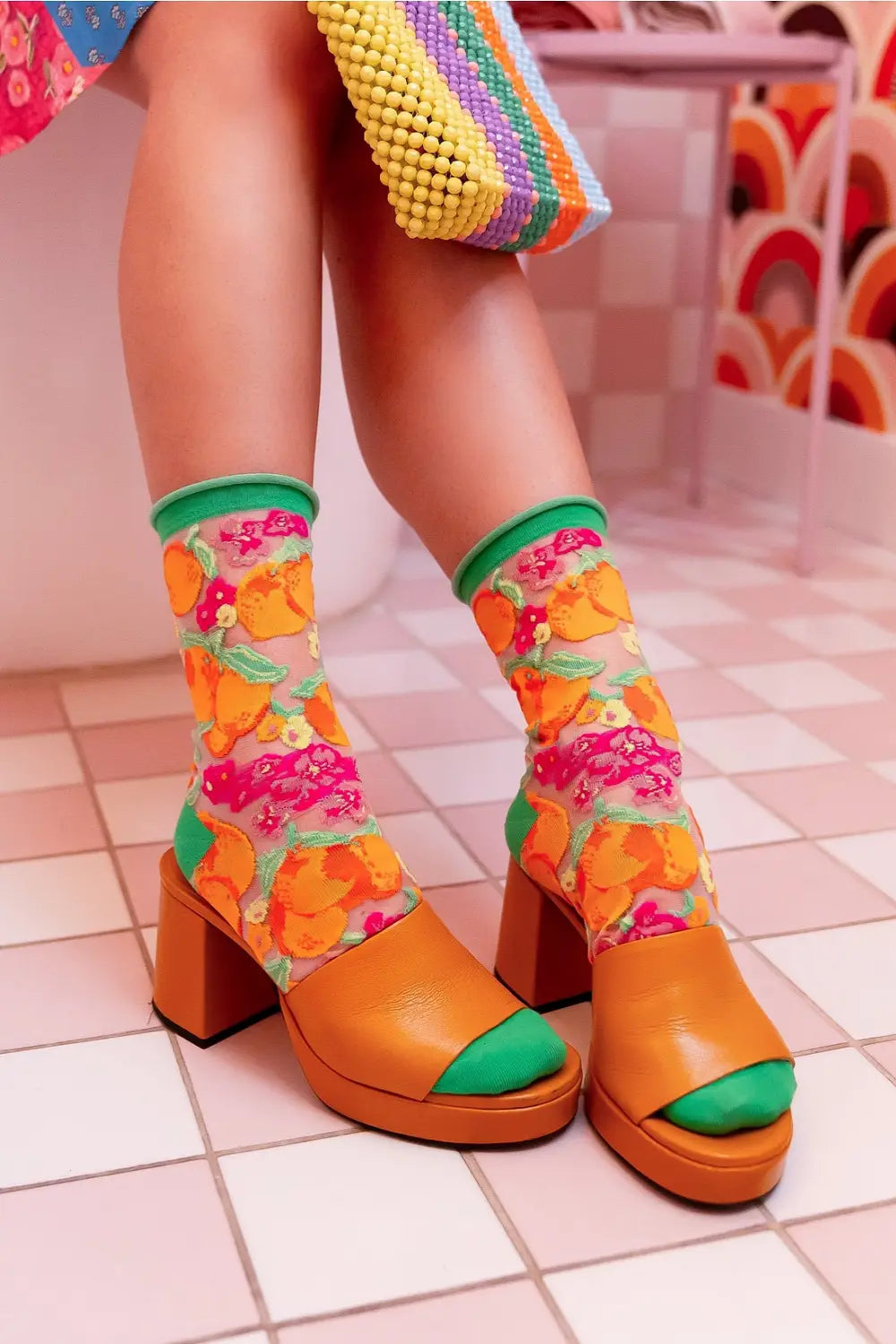 ORANGE FLORAL SHEER SOCKS