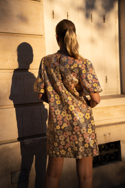 FLOWER SEQUIN MINI DRESS