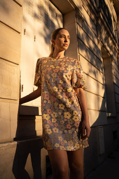 FLOWER SEQUIN MINI DRESS