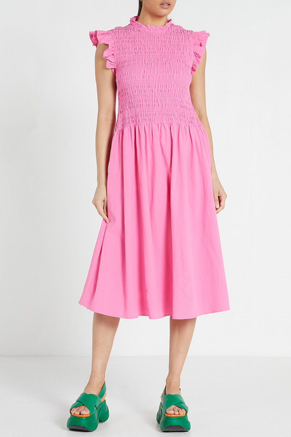 SHIRRED MIDI DRESS PINK