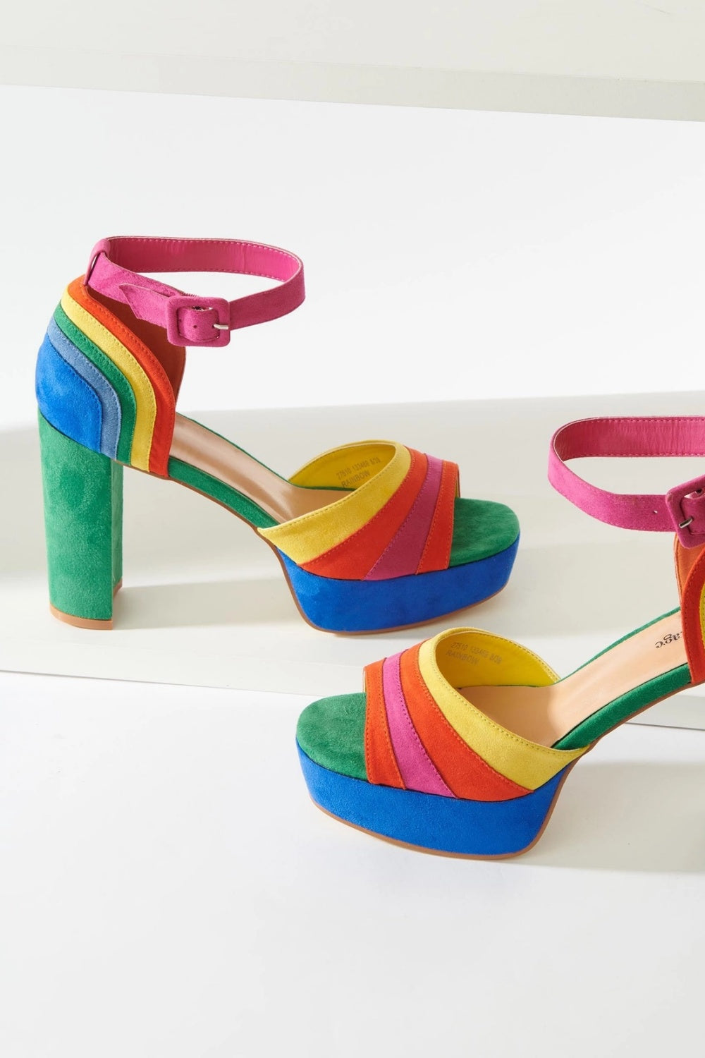 RAINBOW SUEDE PEEP TOE PLATFORM HEELS