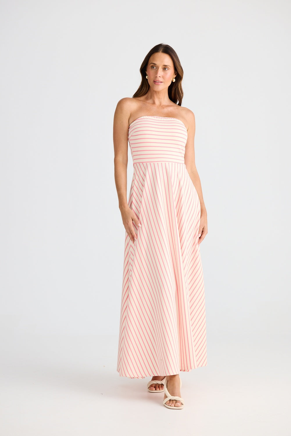 THANDIE STRAPLESS MIDI DRESS PINK & WHITE STRIPE