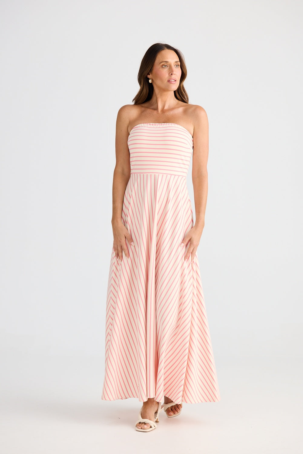THANDIE STRAPLESS MIDI DRESS PINK & WHITE STRIPE