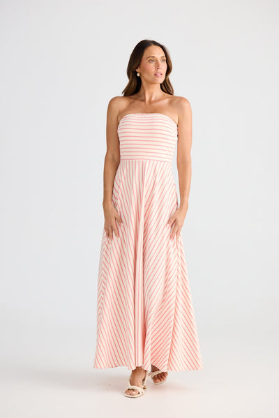 THANDIE STRAPLESS MIDI DRESS PINK & WHITE STRIPE