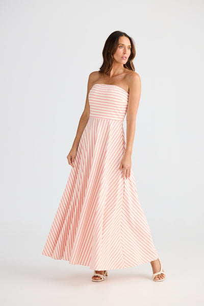 THANDIE STRAPLESS MIDI DRESS PINK & WHITE STRIPE