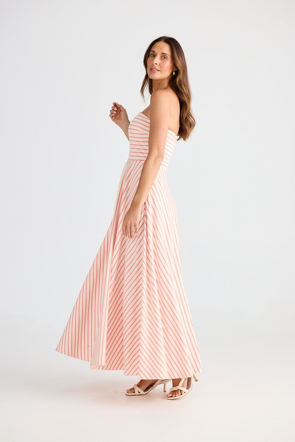 THANDIE STRAPLESS MIDI DRESS PINK & WHITE STRIPE
