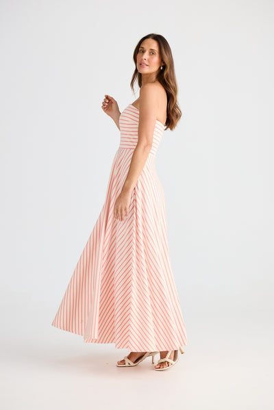 THANDIE STRAPLESS MIDI DRESS PINK & WHITE STRIPE