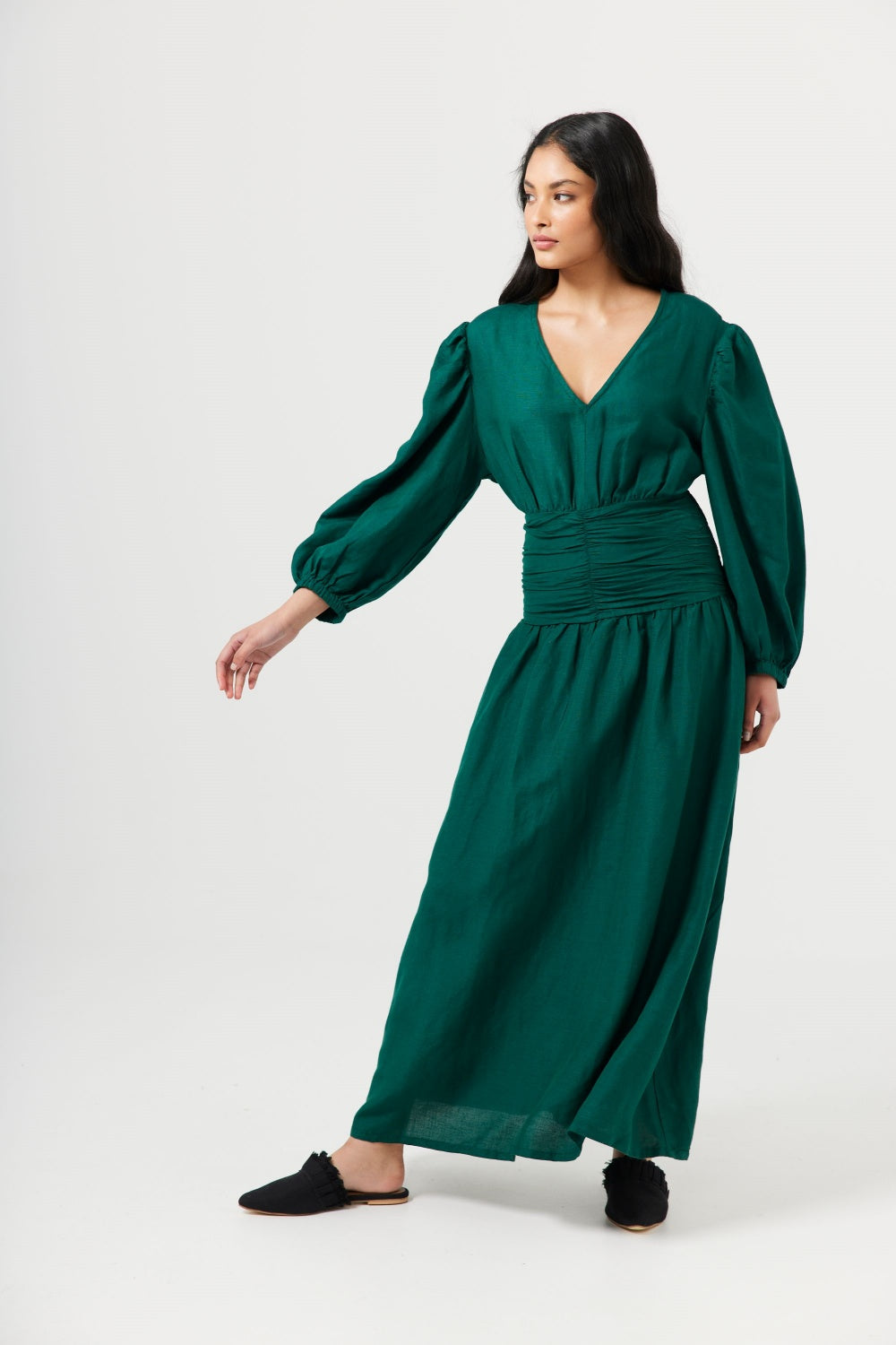 knee length dresses for ladies Emilia Green Asymmetrical Ribbon Draped Maxi Dress, L / Green main image 1